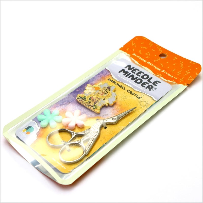 Awesome Pattern Studio Needle Minder Set - Rapunzel Castle Magnetic Needle Minder + 2 Needle Threaders + Crane Scissors. Enamel Pin for Cross Stitch, Embroidery and Craft - Image 5